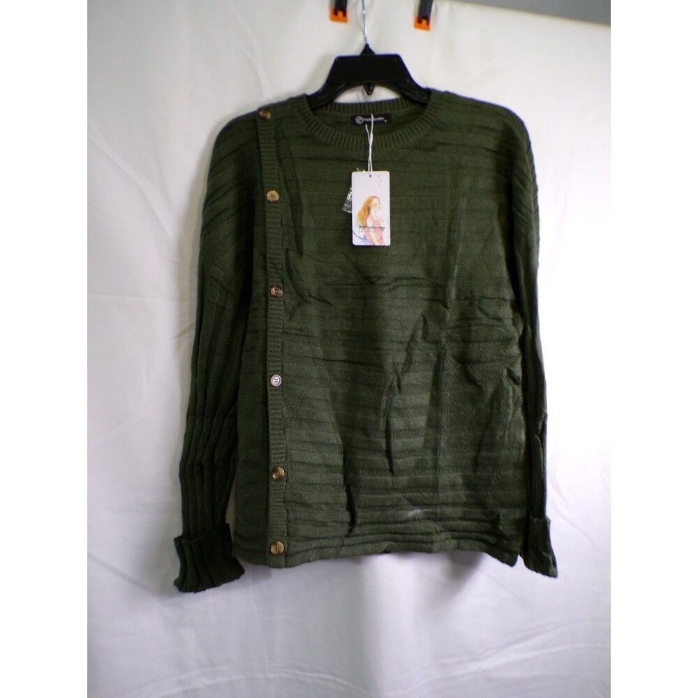 Pretty Garden Women's Green Ribbed Knit Sweater M Button Detail